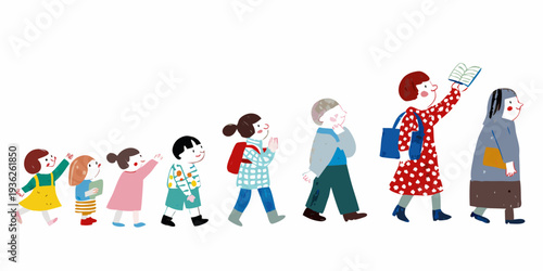 A line of illustrated people representing stages of life or family