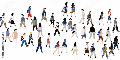 A diverse crowd of people walking in a minimalist illustrated style