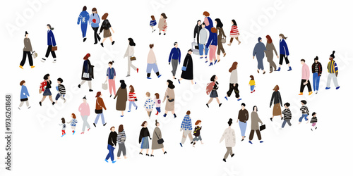 A large group of diverse people walking together in a minimalist style