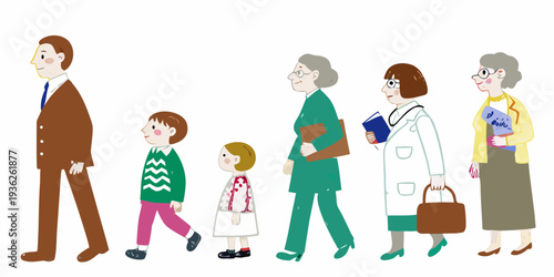 A diverse group of people representing different stages of life walks forward