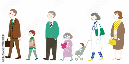 A diverse group of people standing in a line illustrated in a simple style