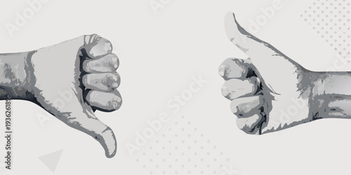Two hands displaying opposing gestures thumbs up and thumbs down