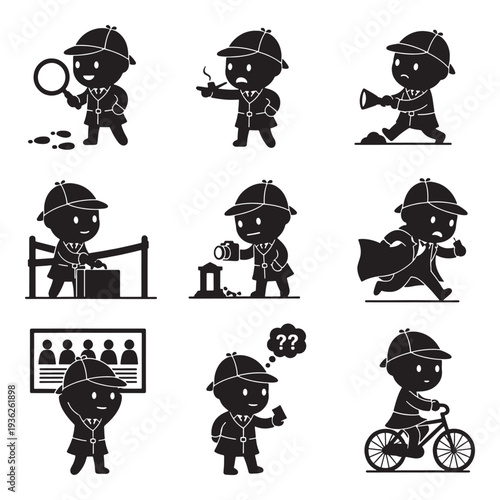 Set of cartoon detective characters in various poses and actions, illustrating investigation and mystery solving.