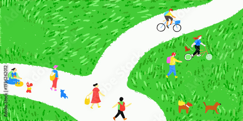 People enjoying a sunny day in a green park with walking paths