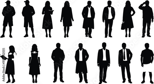 Human silhouettes in diverse poses, casual and professional attire, standing men and women, holding books, bags, gesturing, vector illustration
