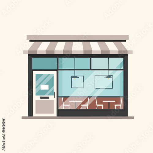 Modern Caf Exterior with Large Glass Windows and Outdoor Seating