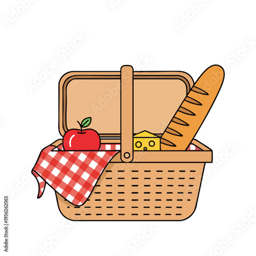 Picnic Basket with Fresh Apple Cheese Bread and Snacks Perfect for Outdoor Dining