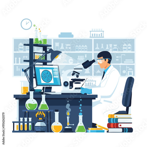 Modern Laboratory Scene with Scientist Using Microscope and Lab Equipment