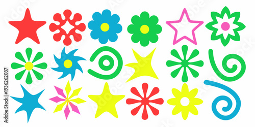Colorful assortment of stylized floral and star shaped design elements
