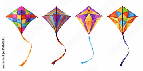 A colorful collection of four diamond shaped kites isolated on white
