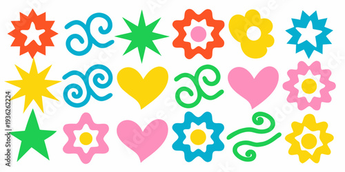 Colorful collection of whimsical flower star and heart shaped stickers