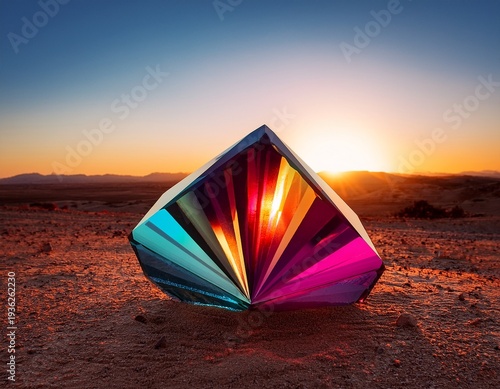colorful diamond shaped object in a desert landscape at sunrise