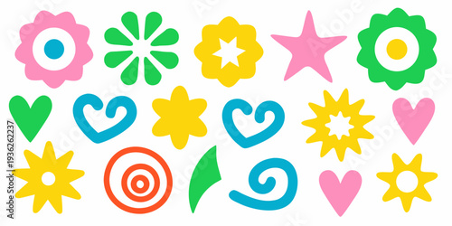 Colorful collection of whimsical floral and geometric shapes arranged closely