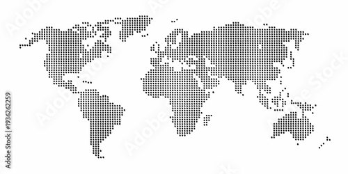 A dotted world map illustration with continents and oceans clearly defined