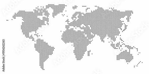 A dotted world map illustration depicting continents and oceans