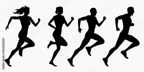 Silhouettes of four people running in a dynamic forward motion