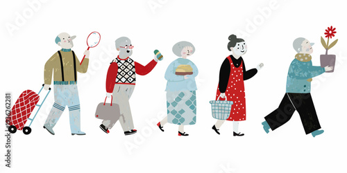 A group of seniors enjoying a leisurely walk together outdoors