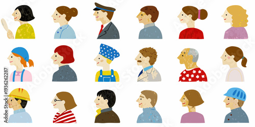 Diverse collection of illustrated faces representing various people and styles