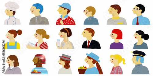 Diverse group of stylized illustrations depicting people with various professions