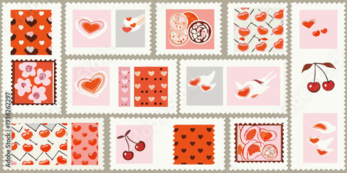 Collection of vintage style postage stamps featuring romantic and sweet designs