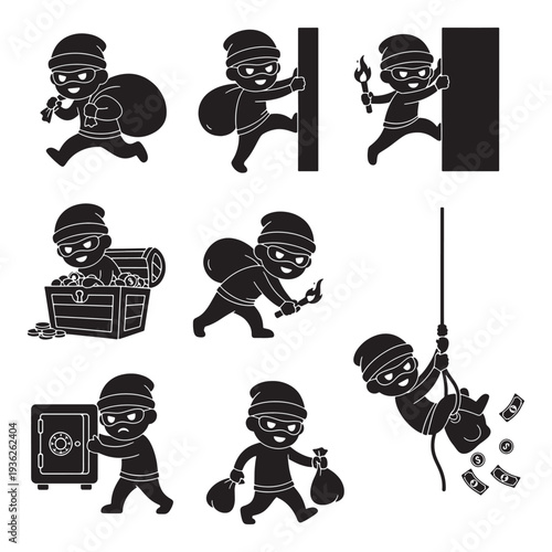 Set of cartoon thief illustrations showing different criminal activities like stealing, climbing, and robbing.