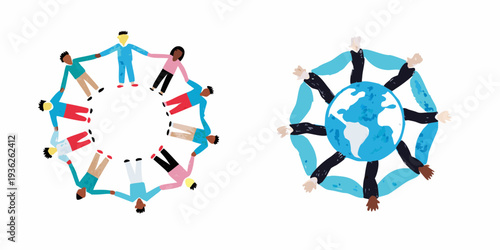 People holding hands in a circle around a globe illustration