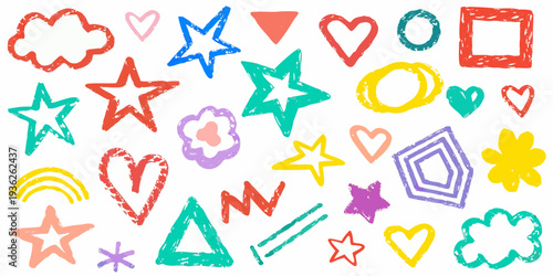 Colorful hand drawn shapes and doodles scattered across a white background