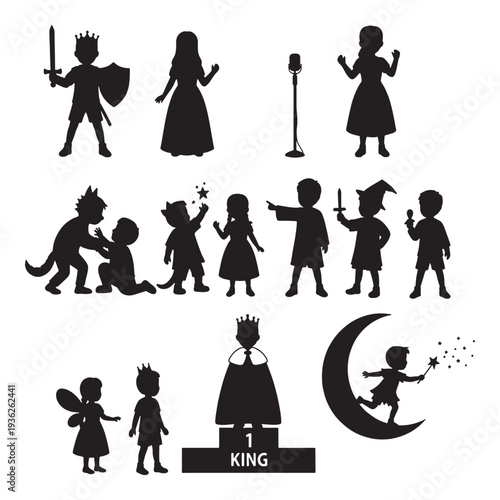 Collection of black silhouettes of children dressed as fairytale characters, including kings, queens, fairies, and knights.