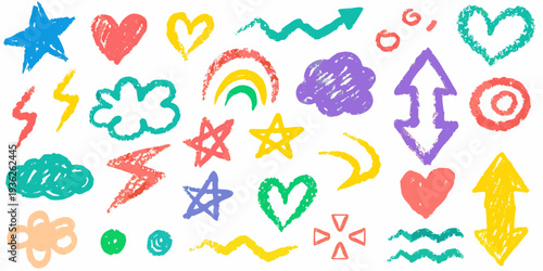 Colorful crayon doodles featuring stars hearts arrows and whimsical shapes