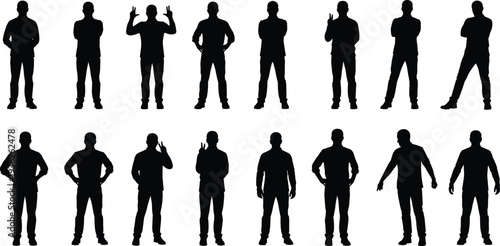 Human silhouettes in diverse standing poses, expressive gestures with arms and hands showing communication, body language illustration for vector design projects