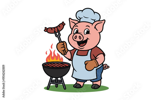 Cheerful cartoon pig chef grilling sausages on a barbecue