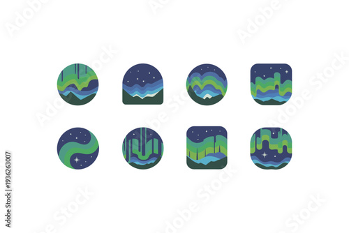Magical aurora borealis icons illuminate starry night skies over serene landscapes.
