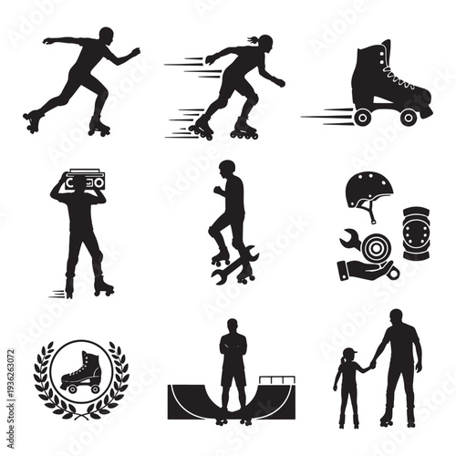 Collection of silhouette icons representing roller skating and related activities.