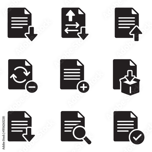 Collection of nine black document icons representing various file operations and management tasks on a white background.