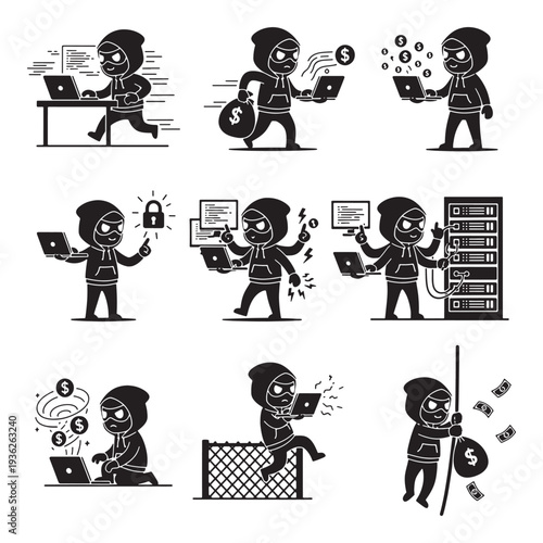 Collection of illustrations depicting a hacker in various scenarios, including data theft, cybercrime, and financial gain.