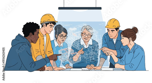 Diverse team of engineers and construction workers collaborating on a project plan around a table, discussing blueprints and strategies for successful development.