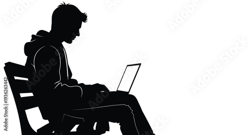 Dynamic vector graphic illustration of a young man intently working on his laptop while casually sitting on a park bench, reflecting focused digital activity and outdoor productivity.