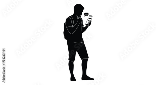 Vector graphic illustration depicting a thoughtful young man wearing a backpack, intently engaging with his smartphone for digital communication.