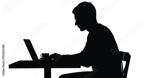 Silhouette vector illustration of a focused man working diligently on a laptop computer while seated at a table with a cup of coffee