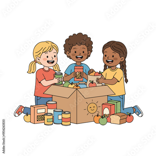 Three smiling children happily organize and pack a cardboard box with a variety of food items for donation, showing community spirit.