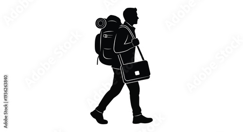 Vector silhouette illustration of a determined traveler or hiker walking while carrying a large backpack and shoulder bag