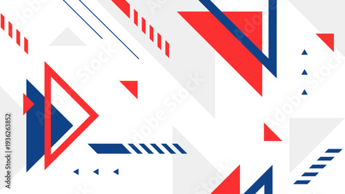 Dynamic abstract composition using red and blue triangular elements and diagonal lines for modern design