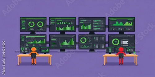 Data Analytics Dashboard Monitoring Concept with Multiple Computer Screens Showing Financial Charts, Business Statistics, and Real Time Performance Analysis Illustration