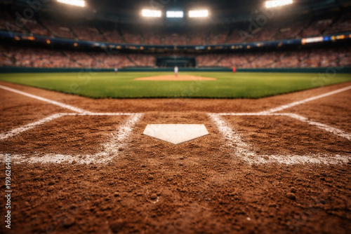 Low angle view of baseball home plate and diamond field in professional stadium with crowd blurred in background.