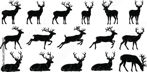 Deer Silhouette Collection with Running Standing and Resting Stag Poses for Wildlife Nature Hunting Logo and Vector Illustration Set