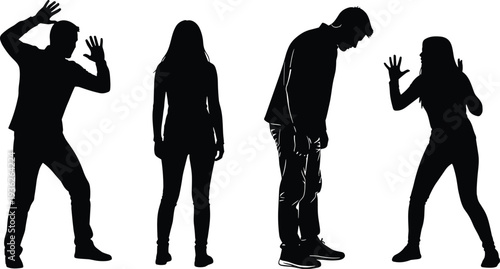 Human silhouettes in expressive postures, standing, leaning, raising arms, body language, communication, emotion, interaction, gesture, vector illustration design