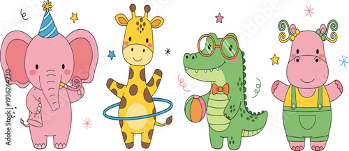 Cute Kawaii Jungle Animal Character Set Featuring Elephant with Party Hat, Giraffe with Hula Hoop, Crocodile with Ball, and Hippo for Birthday Designs