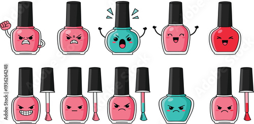 Cute Kawaii Nail Polish Bottle Character Set with Various Facial Expressions and Emotions for Beauty Salon Branding, Stickers, and Manicure Designs
