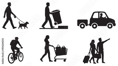 Collection of silhouette icons representing everyday activities like walking a dog, recycling, driving, cycling, shopping, and traveling.