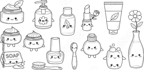 Cute Kawaii Skincare and Cosmetic Line Art Vector Set with Cream Jar, Lotion Bottle, Soap and Beauty Product Outline Collection